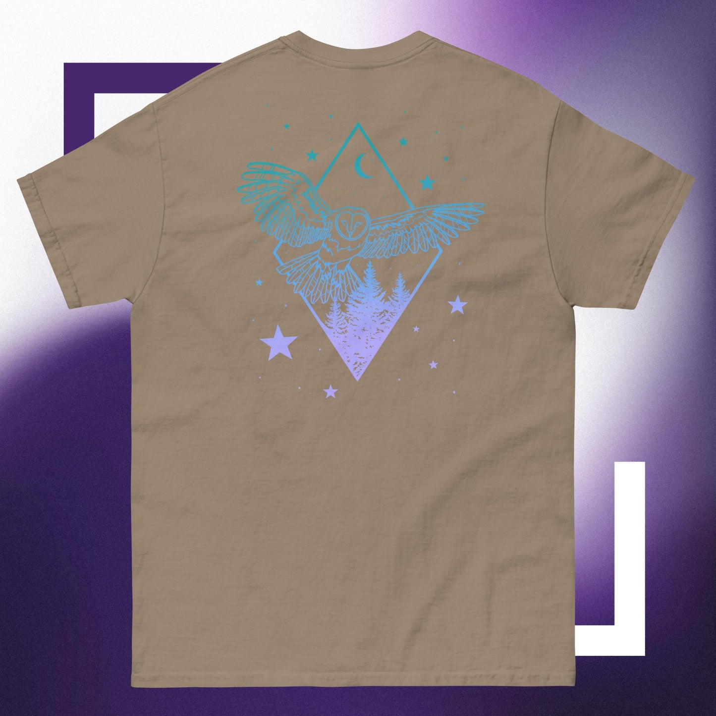 Back of Twilight Sky Owl and Tree Men's classic tee in Brown Savana