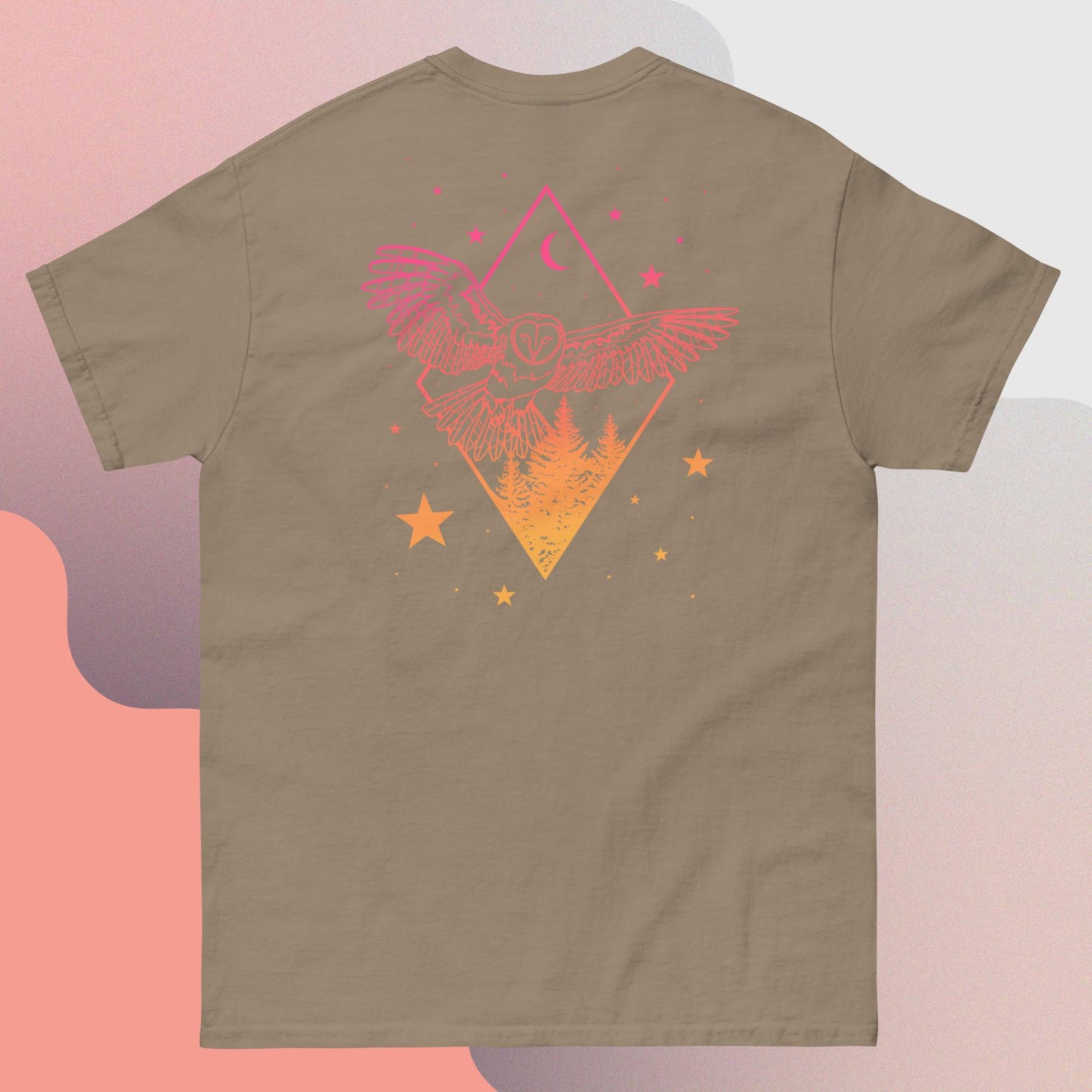 Back of Morning Sky Owl and Tree Men's classic tee in Brown Savana