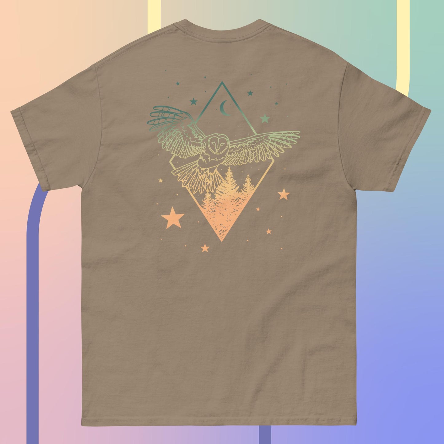 Back of Melon Sky Tree and Owl Men's classic tee in Brown Savana