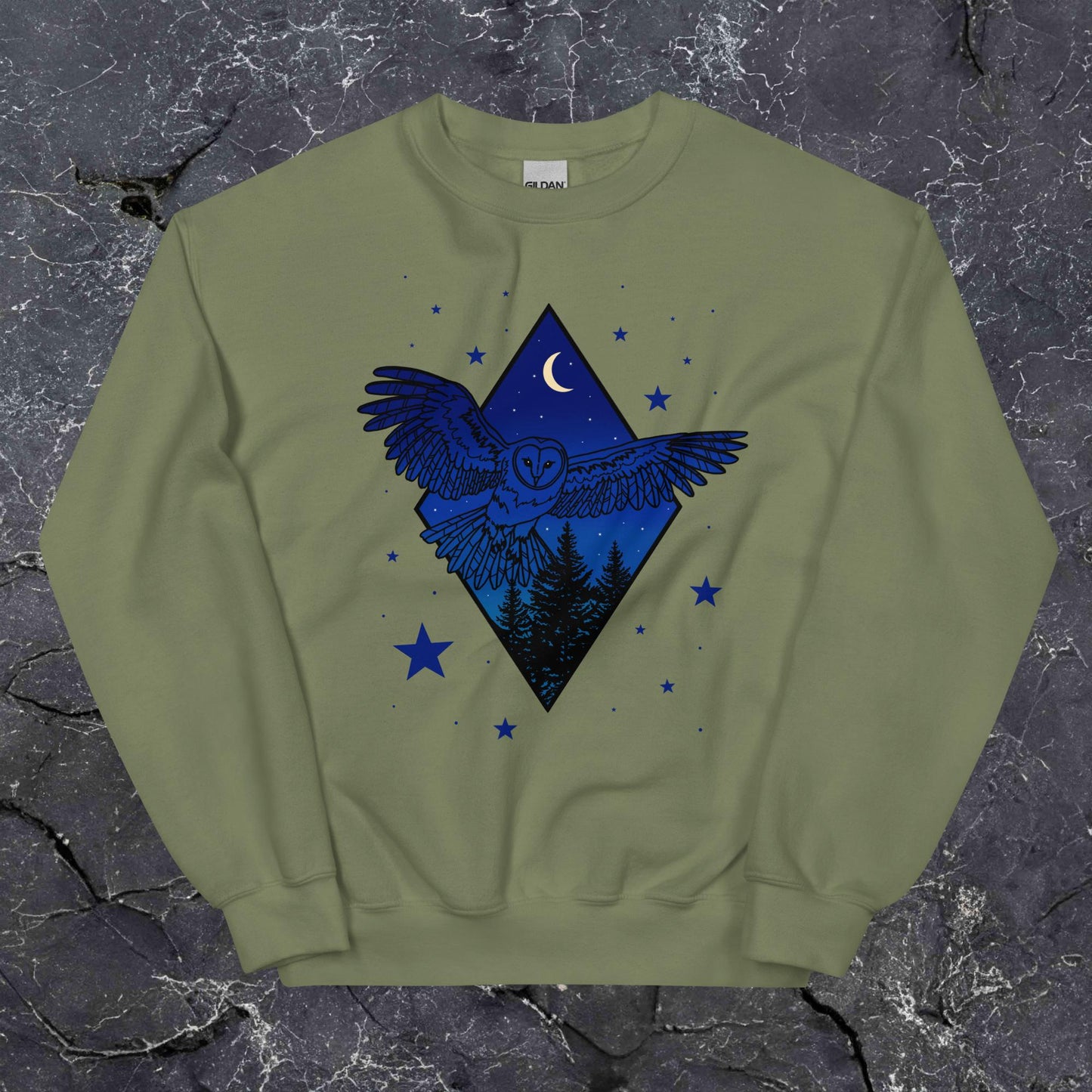 Nighttime Owl Unisex Sweatshirt in Military Green