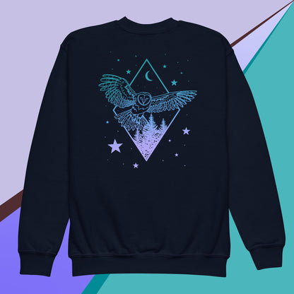 Twilight Sky Owl and Tree Youth crewneck sweatshirt